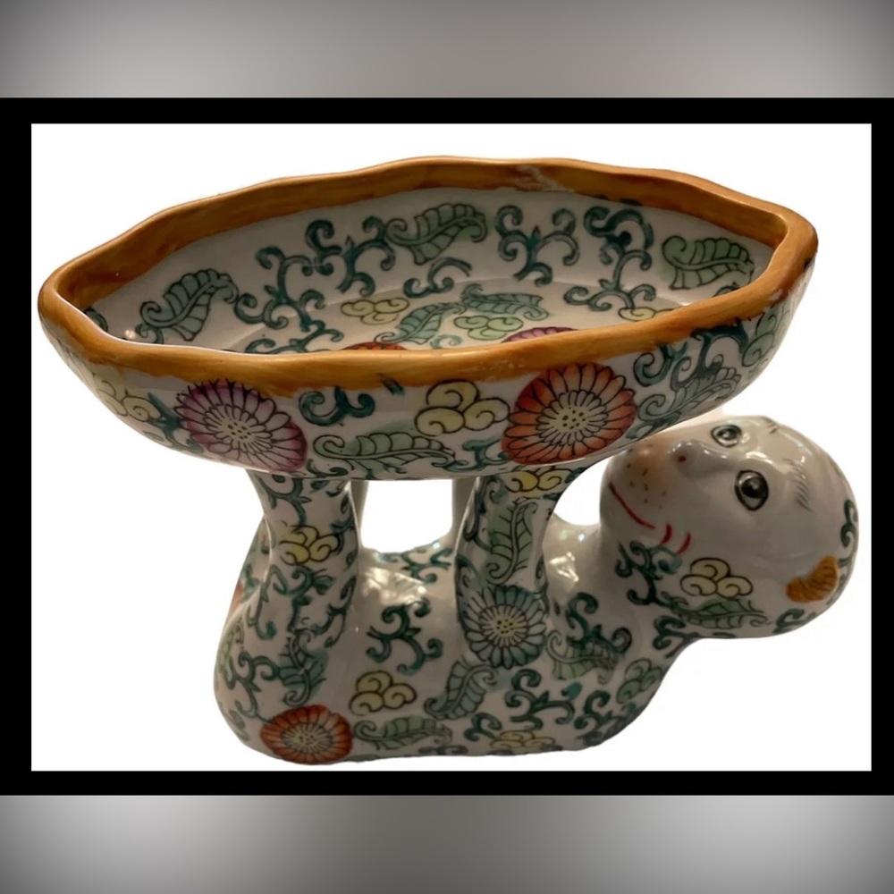 Vintage Chinoiserie Whimsical Smiling Monkey Balancing Lotus Bowl Floral Design